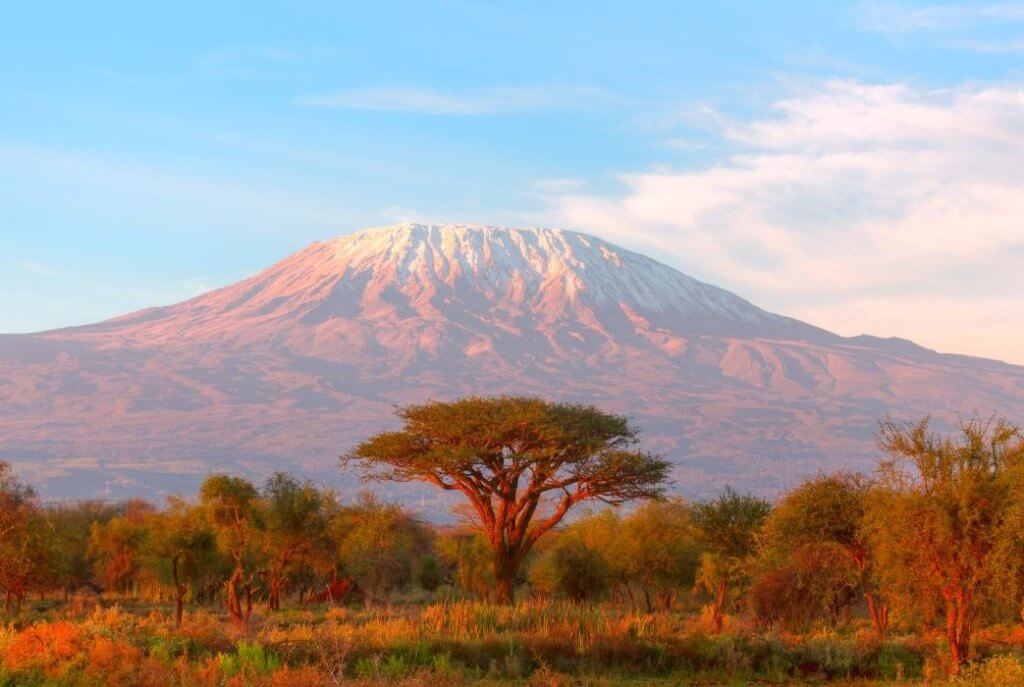 Tanzanya'da bulunan görkemli Kilimanjaro Dağı. Karla kaplı zirvesi ve çevresindeki doğa manzaraları, bu bölgeyi keşfetmek isteyenlere büyüleyici bir deneyim sunuyor.